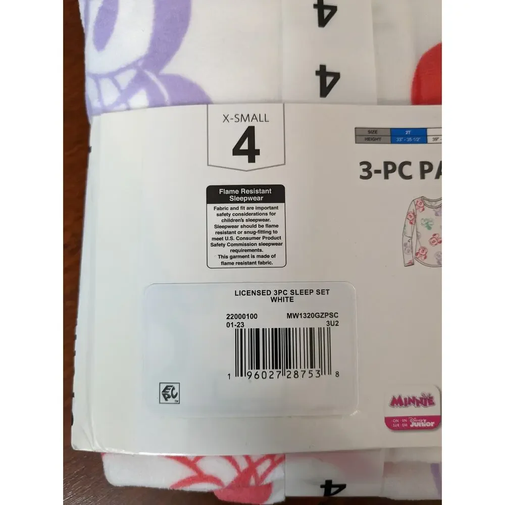 Disney Junior Minnie‎ Mouse Girls Pajama Set XS 4 Pink White Sleepwear 3 Piece